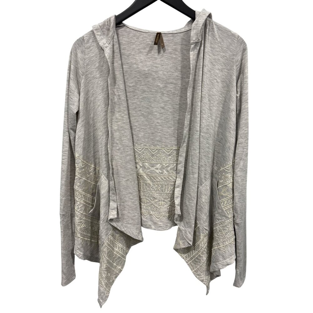 Stetson Embroidered Open Front Hooded Cardigan Womens M Heather Gray Aztec Boho